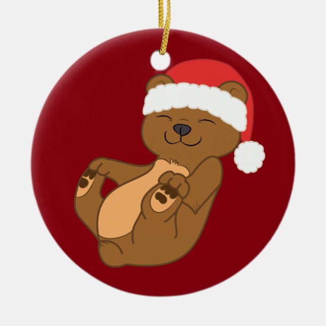 Christmas Brown Bear with Red Santa Hat Ceramic Ornament (Front)