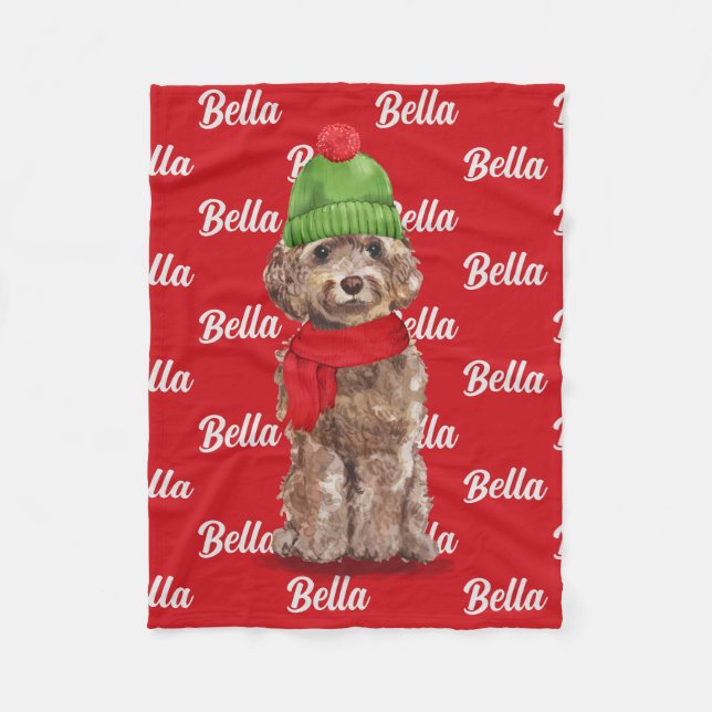 Christmas Brown Cockapoo Santa Dog's Name Fleece Blanket (Front)