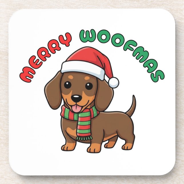 Christmas Brown Dachshund Coaster: Merry Woofmas Beverage Coaster (Front)