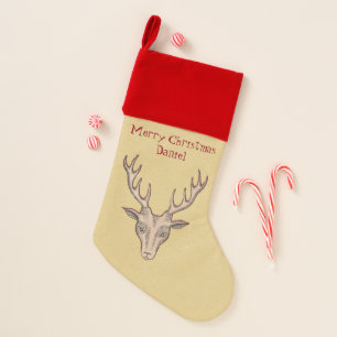 Christmas Brown Deer Head Antler Red Outline Tan Stocking