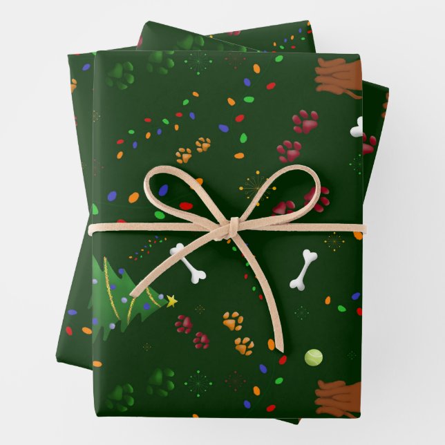 Christmas Brown Dog tree bone paws Santa hat light Wrapping Paper Sheets (In situ)