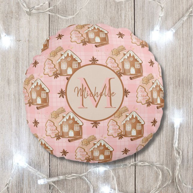Christmas Brown Gingerbread House Pink Plaid Trees Round Pillow (Creator Uploaded)