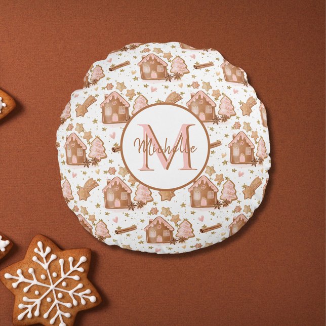 Christmas Brown Gingerbread House Pink Trees Round Pillow (Creator Uploaded)