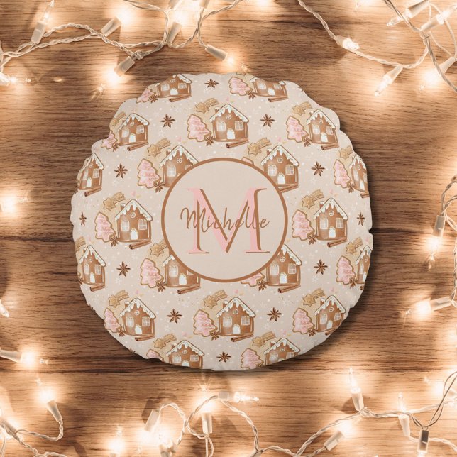 Christmas Brown Gingerbread House Pink Trees Round Pillow (Creator Uploaded)