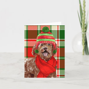 Christmas Brown Labradoodle Dog and Festive Plaid Holiday Card