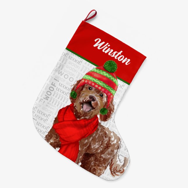 Christmas Brown Labradoodle with Dog's Name Large Christmas Stocking (Front (Hanging))