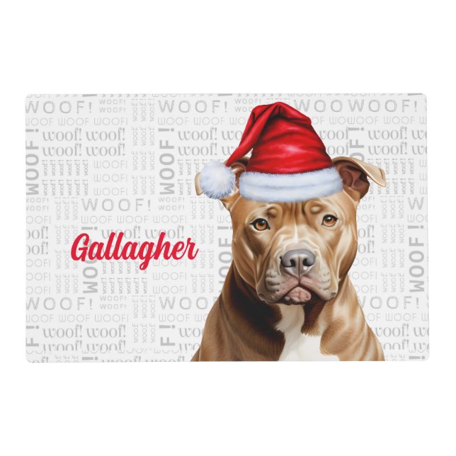 Christmas Brown Pit Bull Santa Dog with Name Pet Placemat (Front)