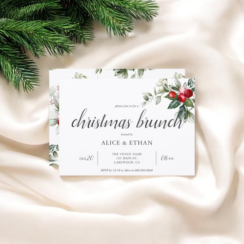 Christmas Brunch Berry Leaves Invitation