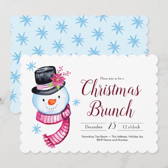 Christmas Brunch Cute Watercolor Snowman Script Invitation (Front/Back)