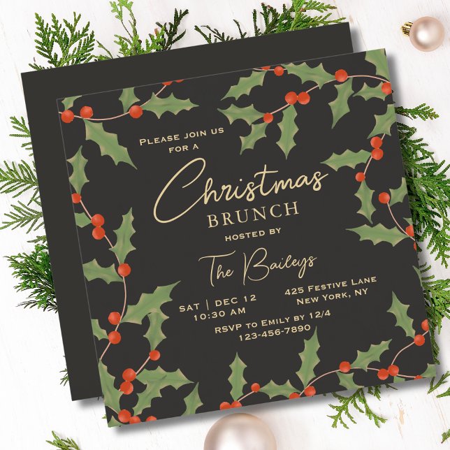 Christmas Brunch Elegant Modern Holly Floral Invitation (Creator Uploaded)