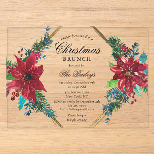 Christmas Brunch Elegant Red Poinsettia Party Acrylic Invitations