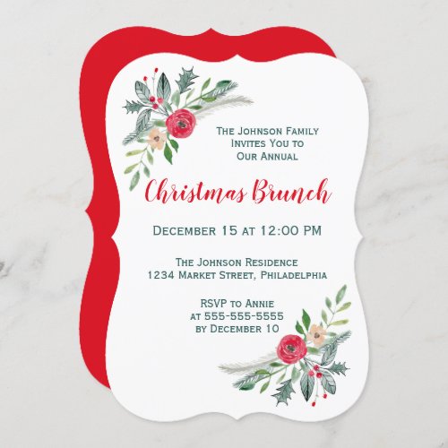 Christmas Brunch Event Winter Florals  Holly Invitation