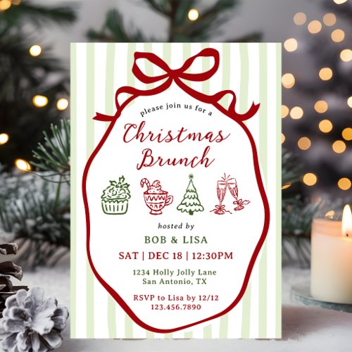 Christmas Brunch Hand Drawn Stripes Coquette Bow  Invitation