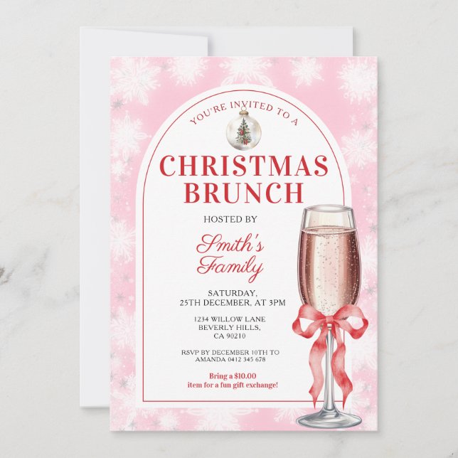 Christmas Brunch Party Red Bow Wine Pink Gingham Invitation (Front)