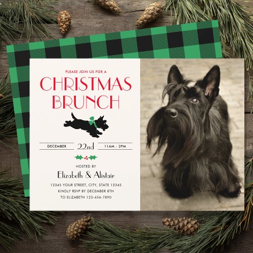 Christmas Brunch Party Scottie Dog Photo Green Invitation