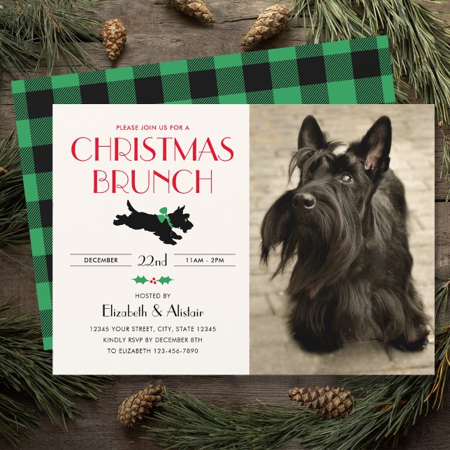 Christmas Brunch Party Scottie Dog Photo Green Invitation (Creator Uploaded)