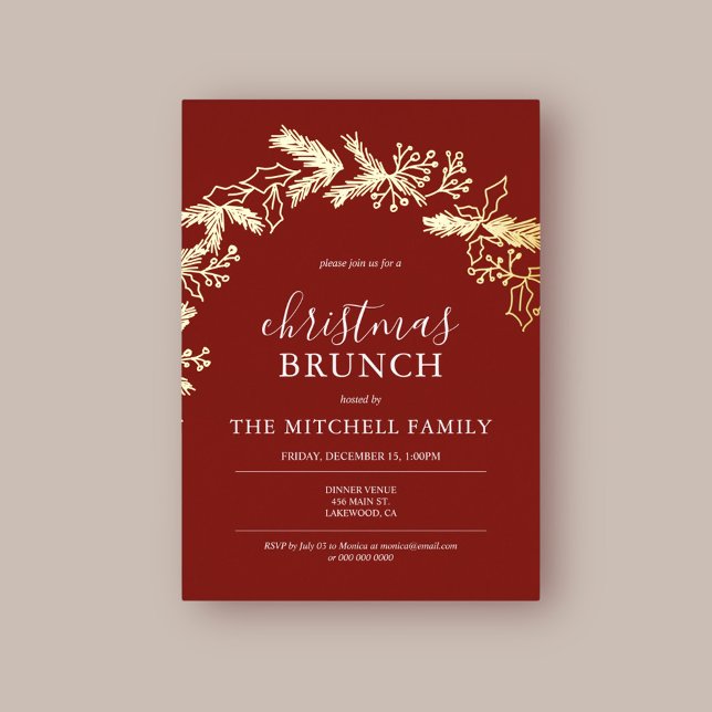 Christmas Brunch Pine Berry Leaves Red Foil Holiday Card (Creator Uploaded)