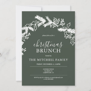 Christmas Brunch Pine Berry Wreath Green Invitation