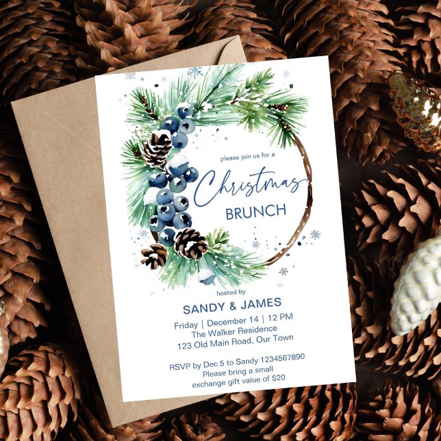 Christmas brunch pine wreath template (Christmas brunch editable  template invitation digital download watercolor pine wreath pine cones )