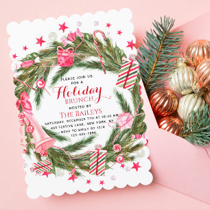 Christmas Brunch Pink Green Floral Wreath Invitation