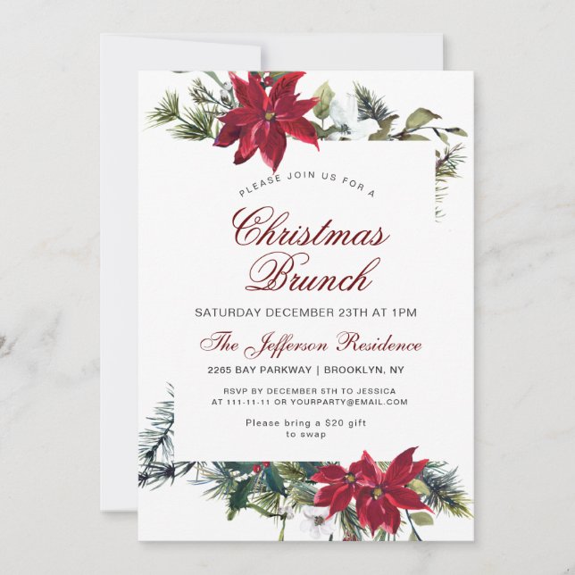 Christmas Brunch Red Poinsettia Floral Watercolor Invitation (Front)