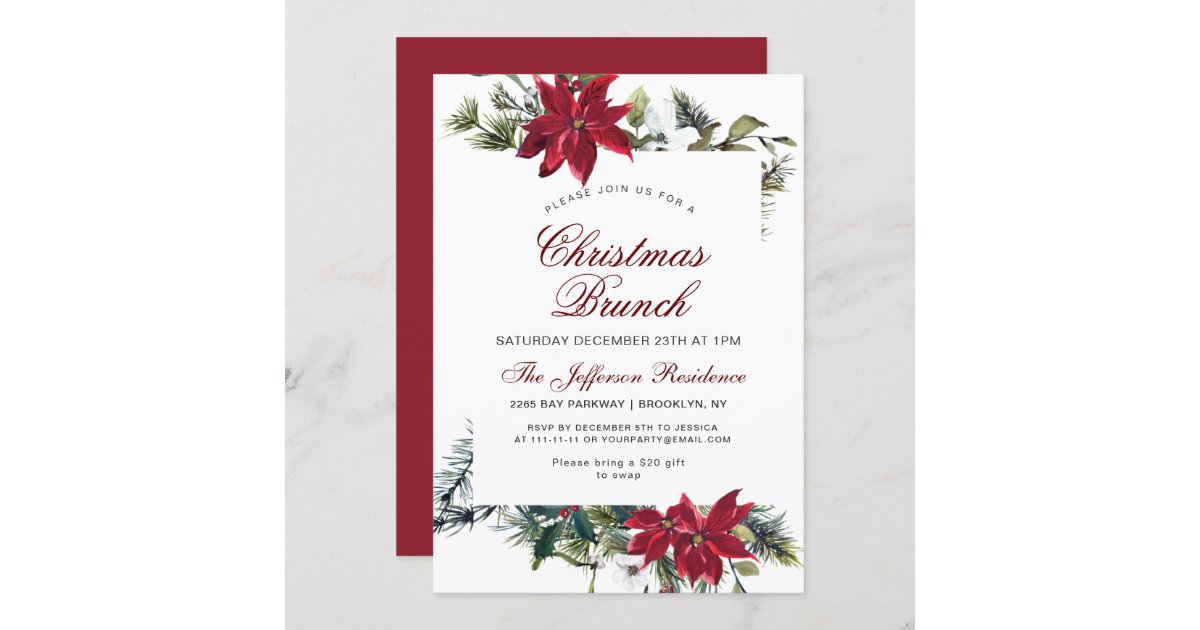 Christmas Brunch Red Poinsettia Floral Watercolor Invitation | Zazzle