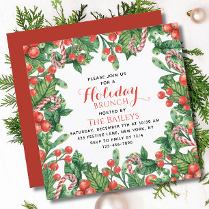 Christmas Brunch Watercolor Berries Candy Canes Invitation