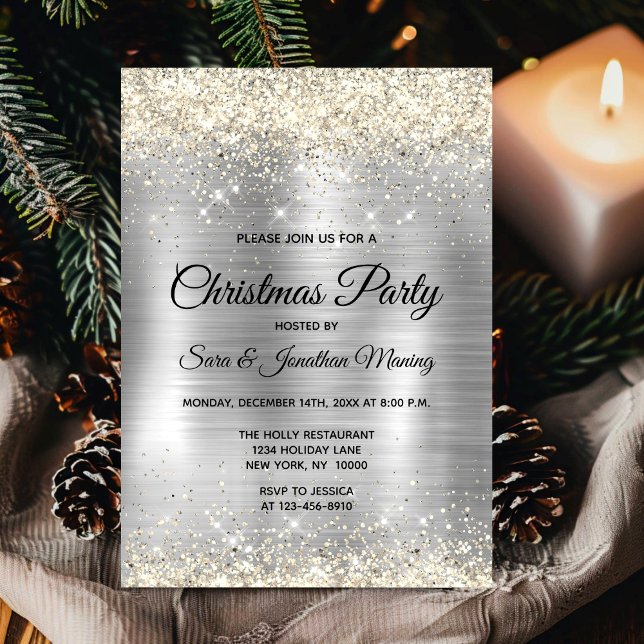 Christmas brushed metal silver gold faux glitter  invitation (Creator Uploaded)