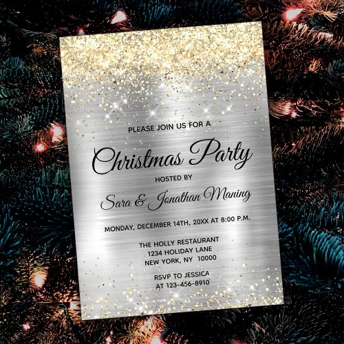 Christmas brushed metal silver gold faux glitter  invitation