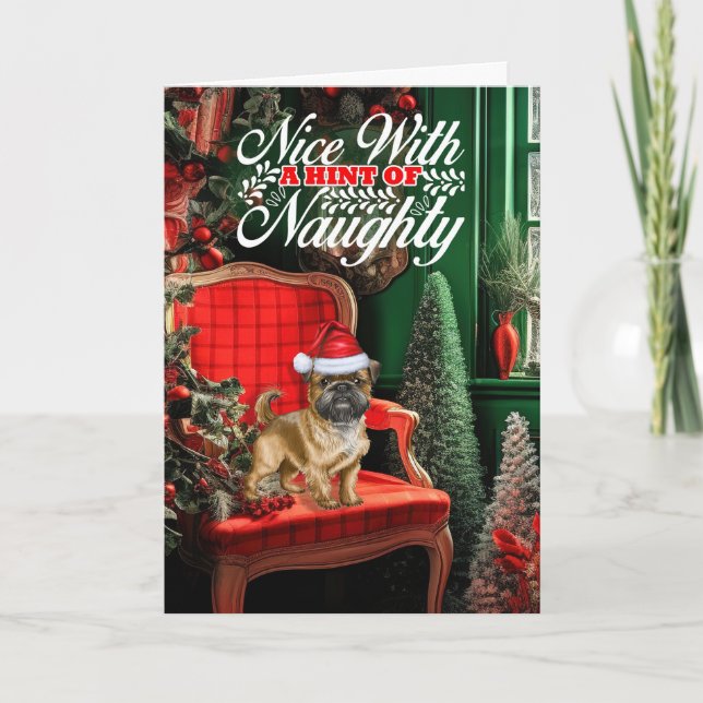 Christmas Brussels Griffon Dog Naughty or Nice Holiday Card (Front)