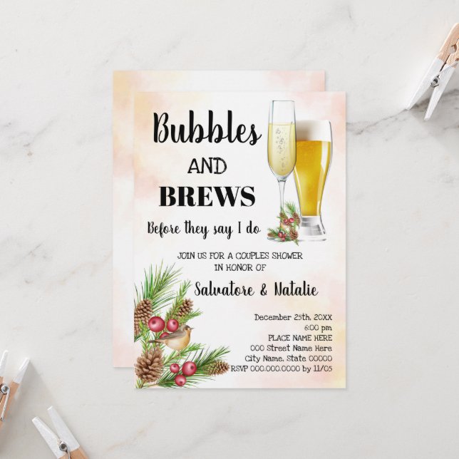 Christmas Bubble & Brews Couples Shower Invitation (Front/Back In Situ)
