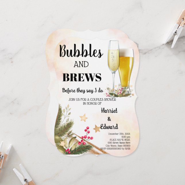 Christmas Bubble & Brews Couples Shower Invitation (Front/Back In Situ)