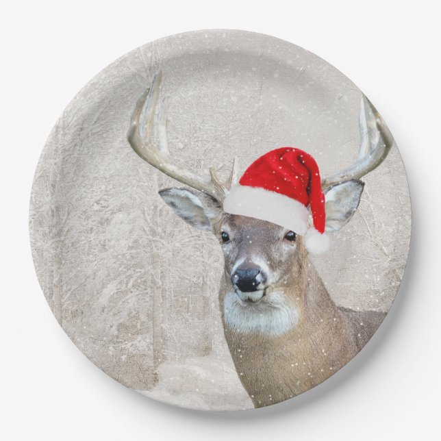 Christmas Buck Deer with Santa Hat  Paper Plates (Front)