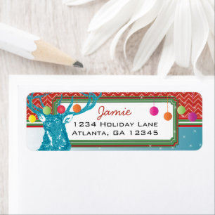 Christmas Buck Deer Zig Zag Pattern Aqua and Red Label