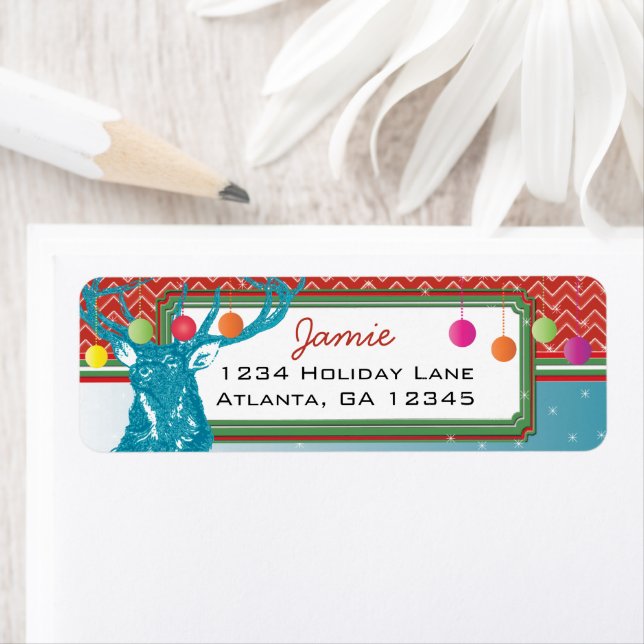 Christmas Buck Deer Zig Zag Pattern Aqua and Red Label (Insitu)