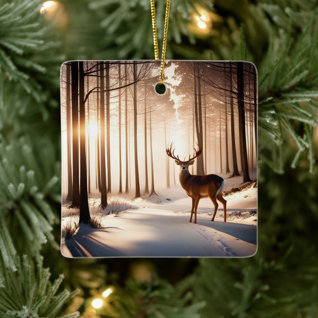 Christmas Buck In Winter Forest Ceramic Ornament (Tree)