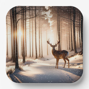 Christmas Buck In Winter Forest Paper Plates
