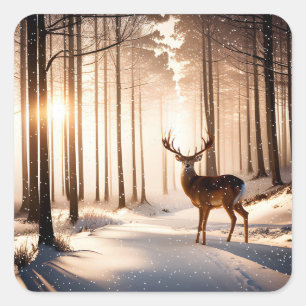 Christmas Buck In Winter Forest Square Sticker