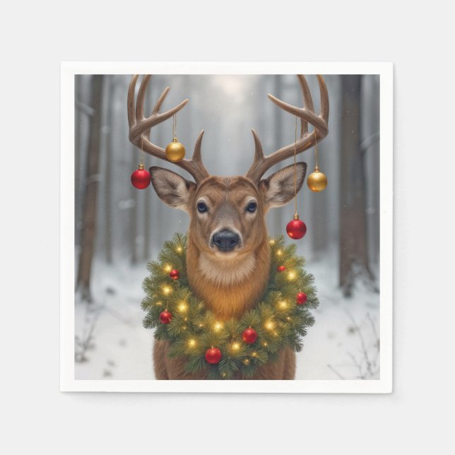 Christmas Buck Wearing a Glowing Wreath Napkins (Front)