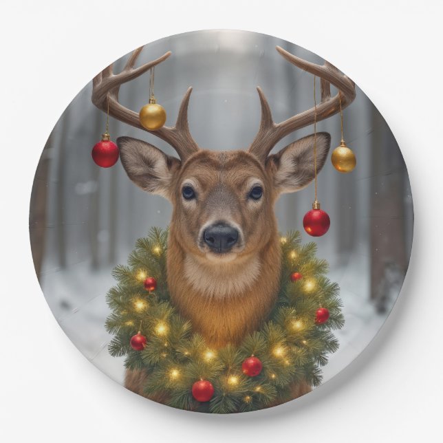 Christmas Buck Wearing a Glowing Wreath Paper Plates (Front)