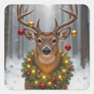 Christmas Buck Wearing a Glowing Wreath Square Sticker
