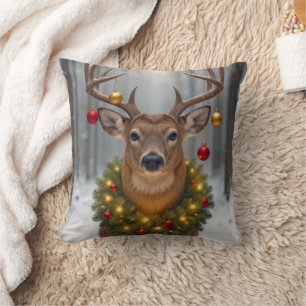 Christmas Buck Wearing a Glowing Wreath Throw Pillow