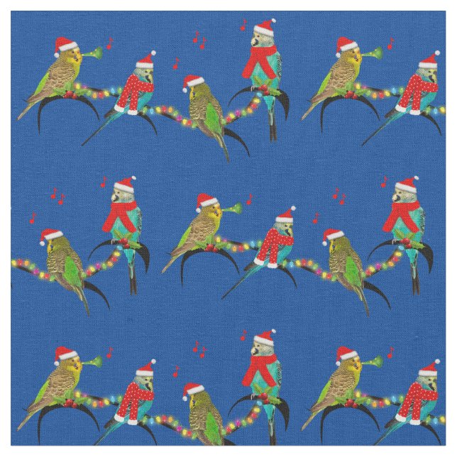 Christmas Budgie Frenzy Fabric (Blue) (Close Up)