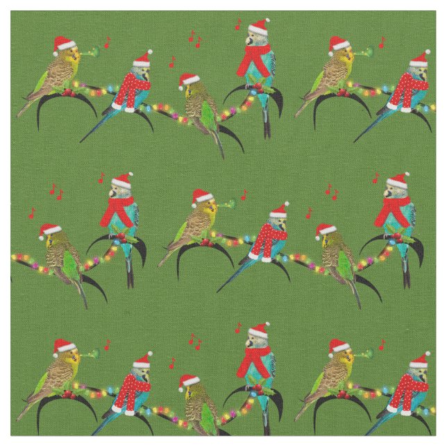 Christmas Budgie Frenzy Fabric (Green) (Close Up)