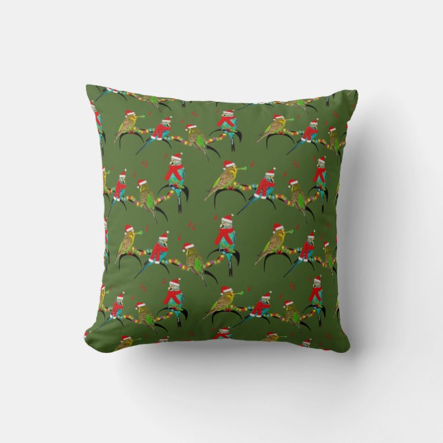 Christmas Budgie Frenzy Pillow (Dark Green) (Front)