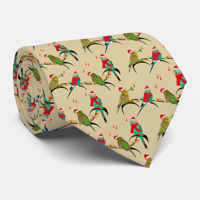 Christmas Budgie Frenzy Tie (Gold) (Rolled)
