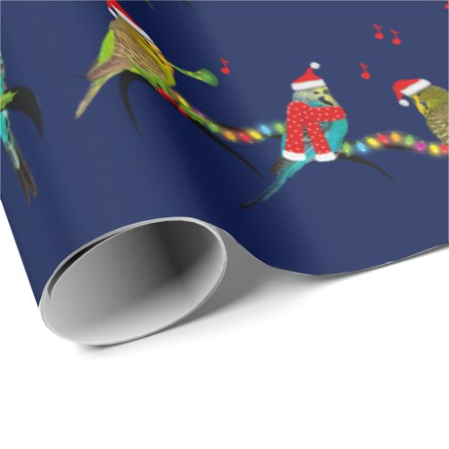 Christmas Budgie Frenzy Wrapping Paper Navy