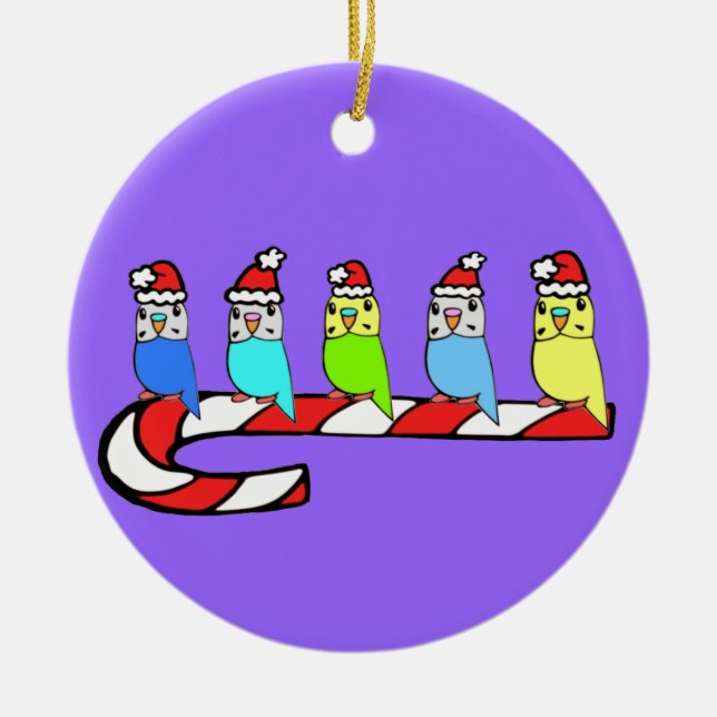 Christmas Budgies Perched on Candy Cane Ceramic Ornament (Front)