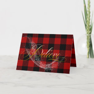 Christmas buffalo plaid believe text holiday card