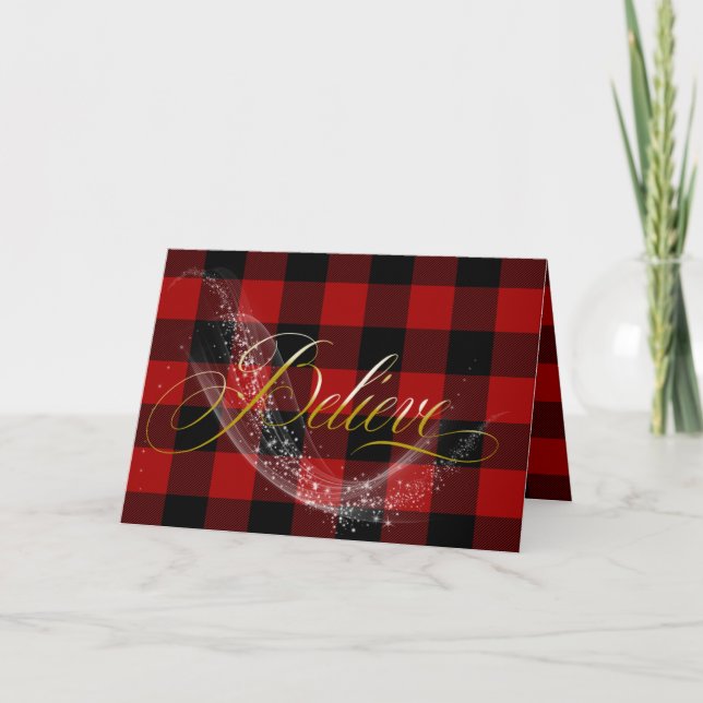 Christmas buffalo plaid believe text holiday card (Front)